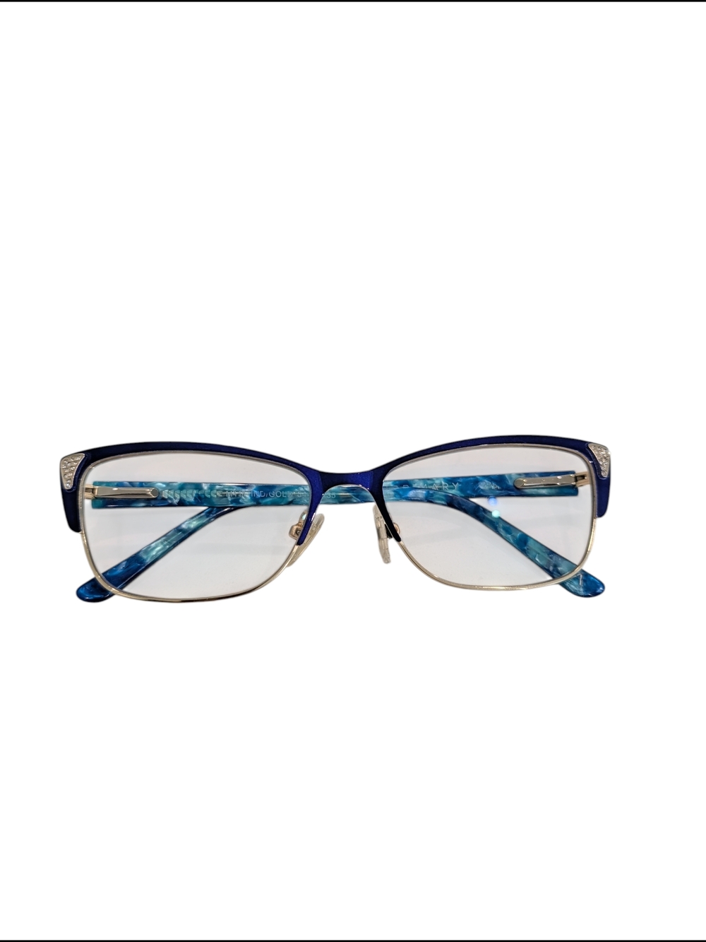 Primary Blue Metal Rim Glasses with Blue Marble Temples Cat Eye Rhinestone